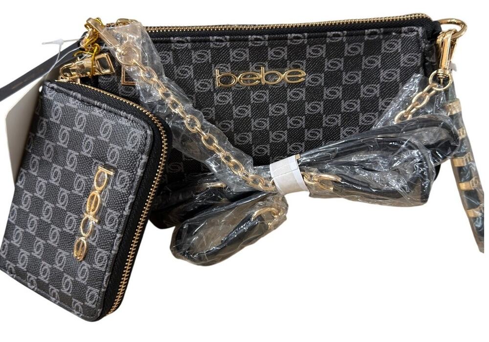 Bebe Adela Monogram Small Crossbody Bag Black Coin Purse Keychain NWT
